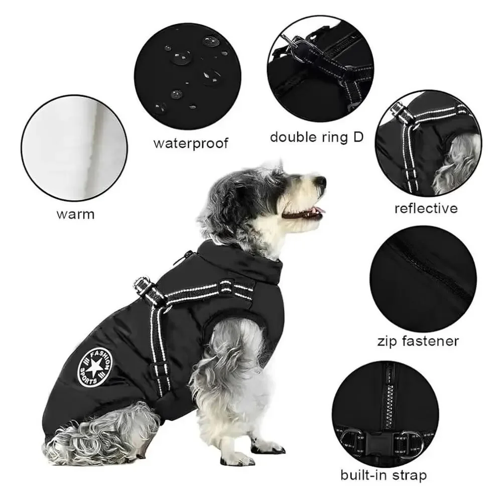 Dog Rain Coat Winter Jacket  Sz L Black Full Zip Warm Fleece Interior Waterproof